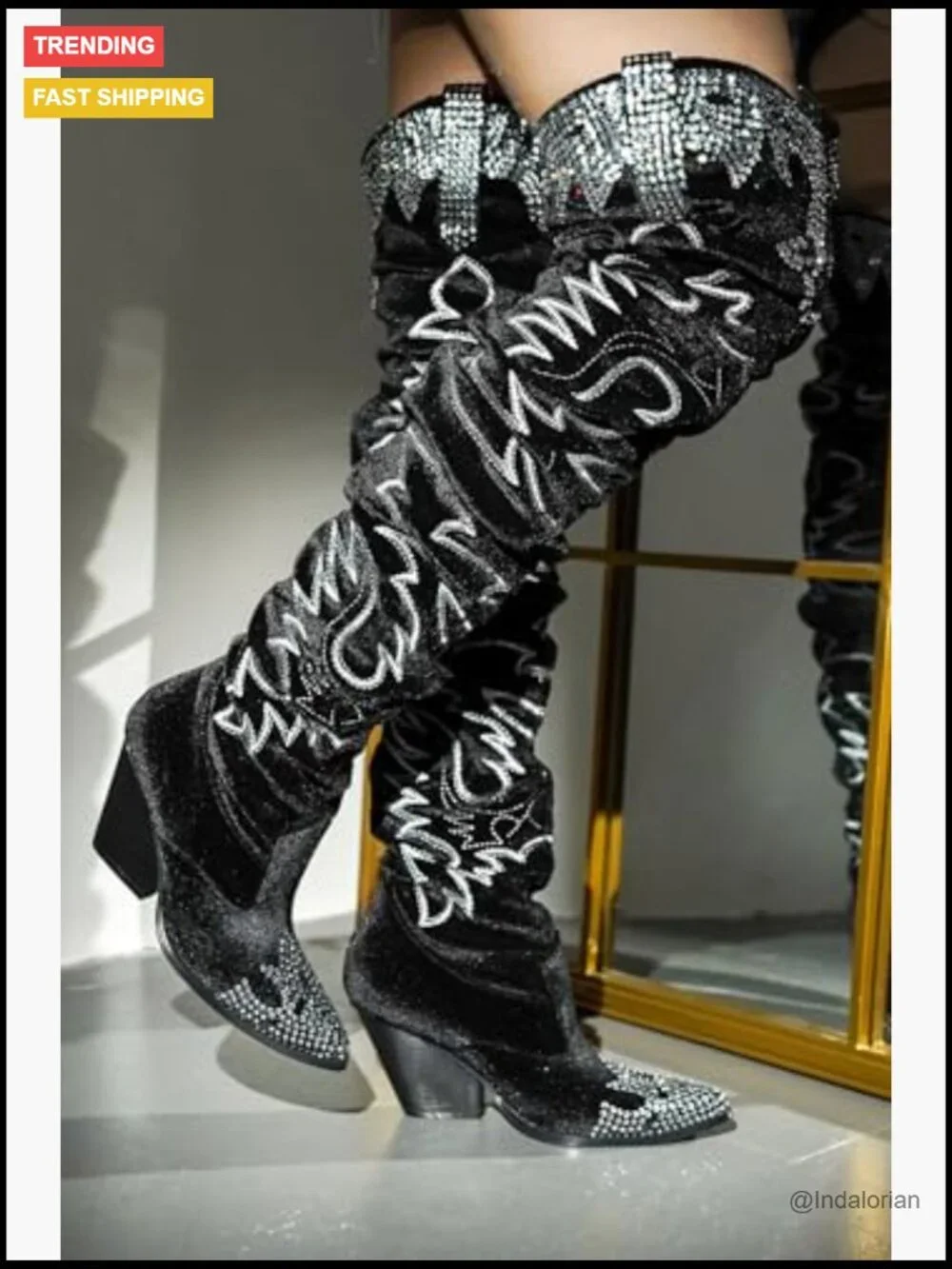 Rhinestone Embroidered Cowboy Boots Thigh High Slouchy Wide Calf Over the Knee